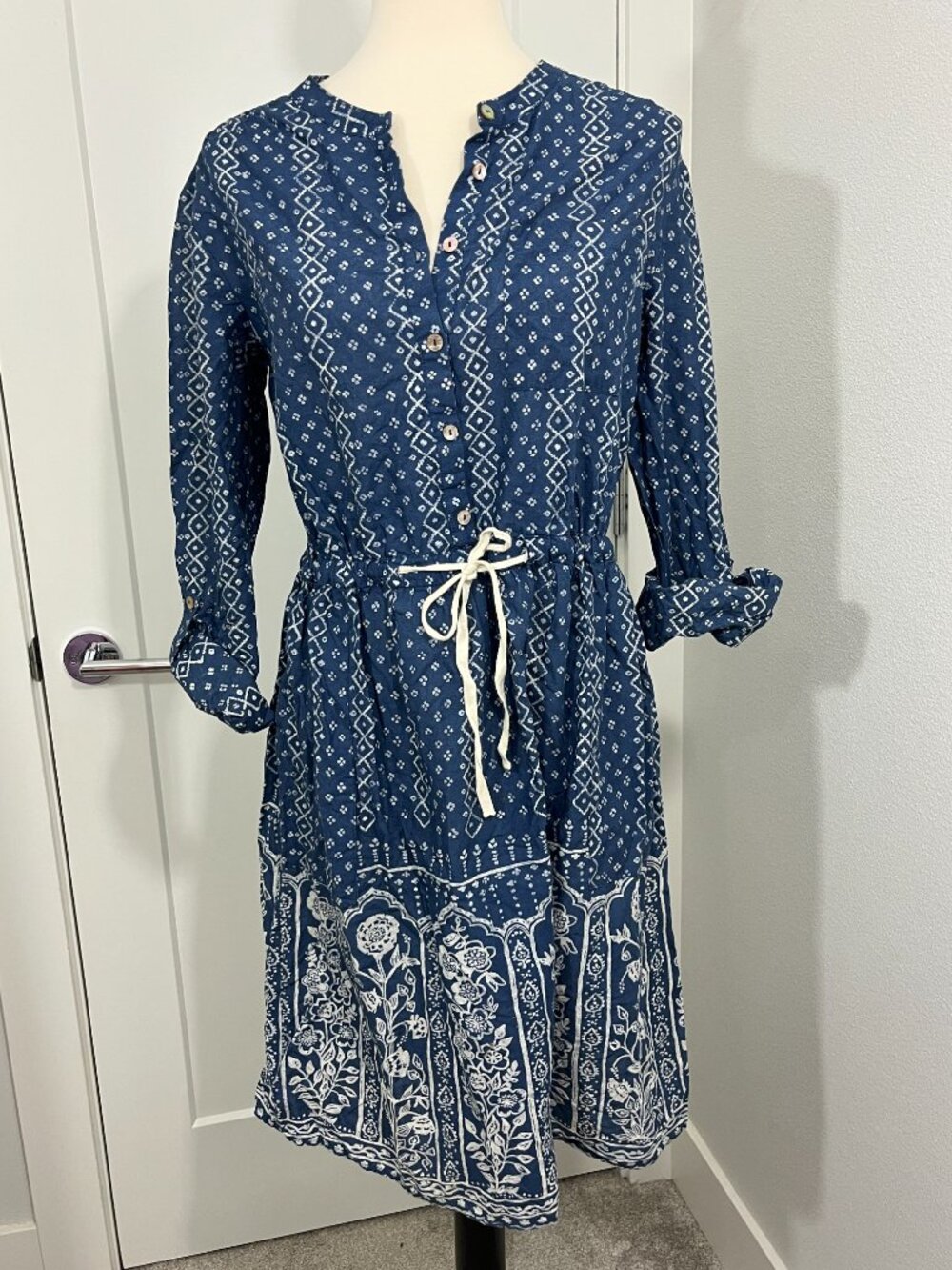Meadow Rue Anthro Size 12 Blue White Printed Drawstring Midi Dress w/Pockets